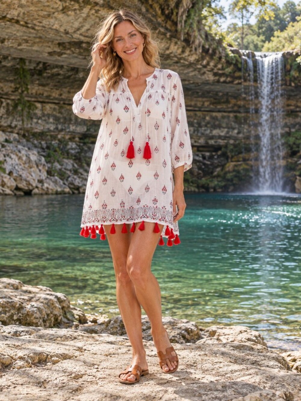 Roberta Roller Rabbit White Floral Red Tassel Swim Cover-Up S